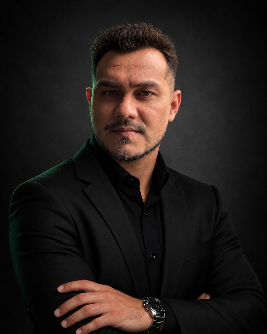 Theo Cristo, advogado, de terno e camisa pretos, em retrato institucional sobre fundo escuro